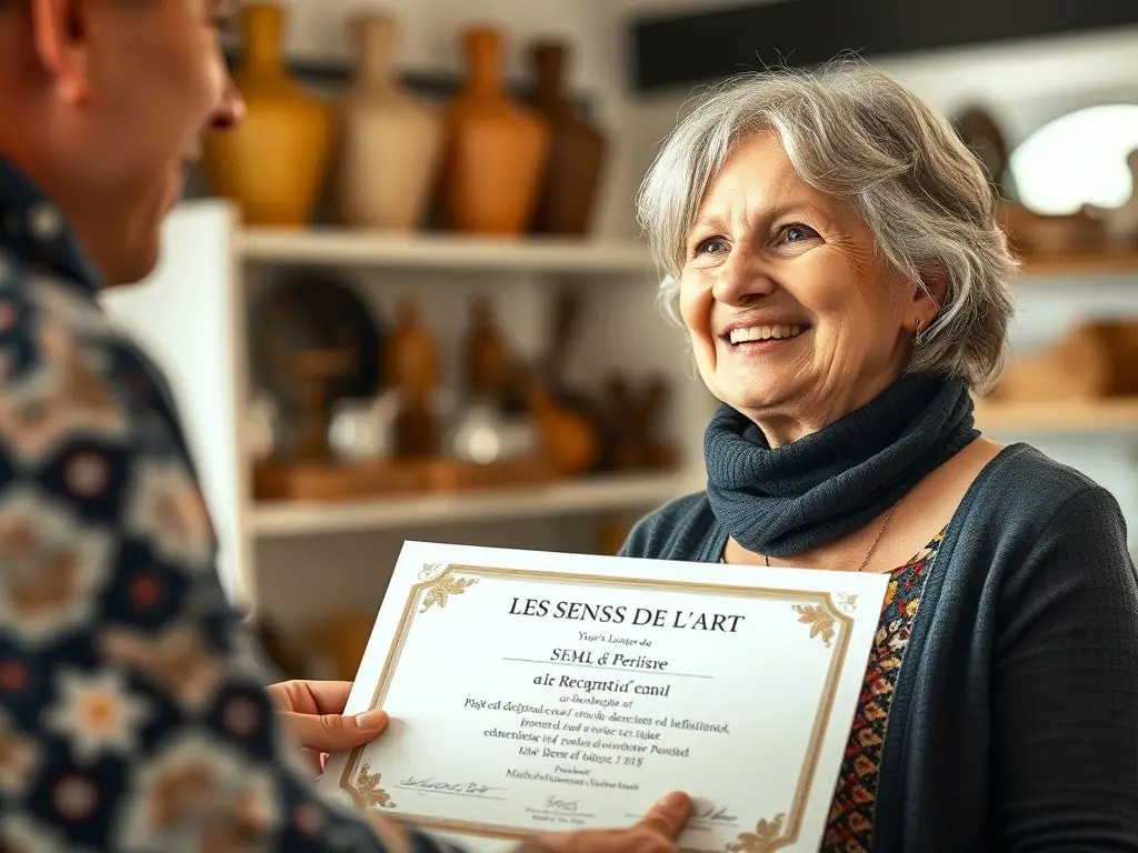 A heartwarming image of a local artisan receiving recognition and support from LES SENS DE L'ART, highlighting the organization's commitment to empowering artisans.