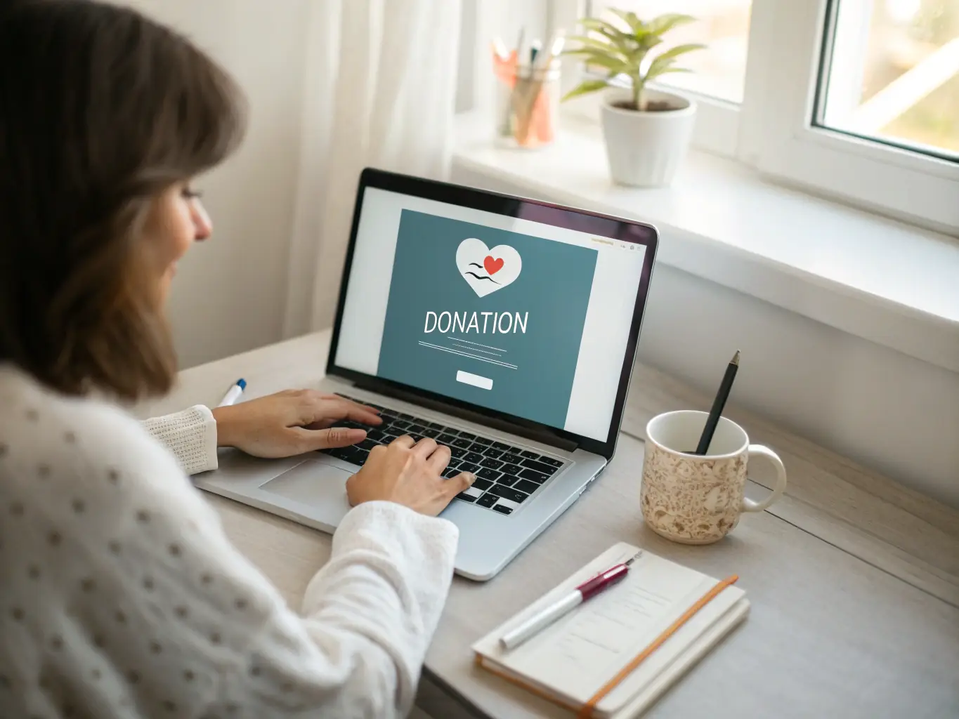 A person making a donation online through the LES SENS DE L'ART website, emphasizing the ease and impact of financial contributions.