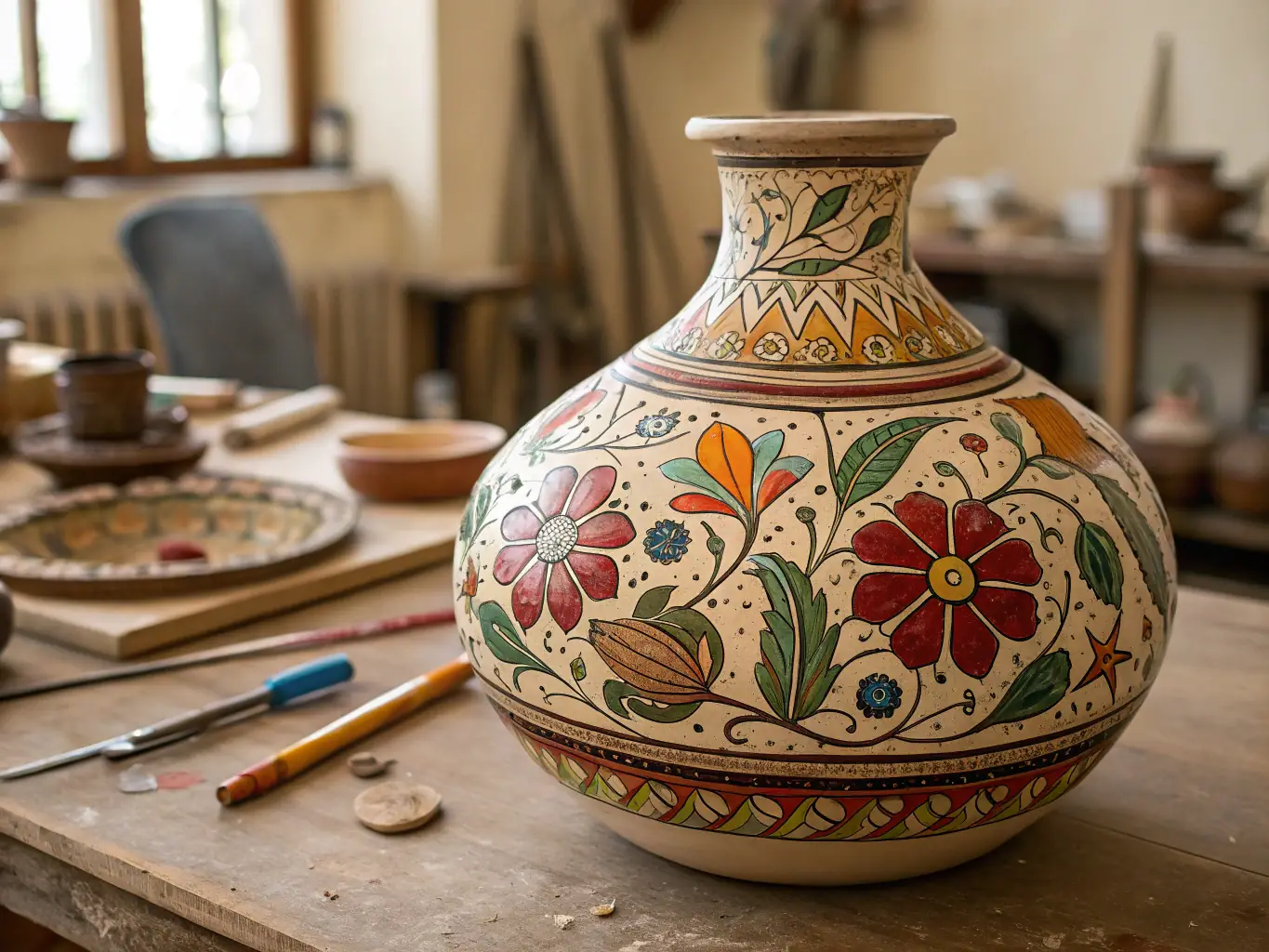 A photograph capturing a group of artisans passionately working on their crafts during a LES SENS DE L'ART workshop, showcasing the direct impact of donations.