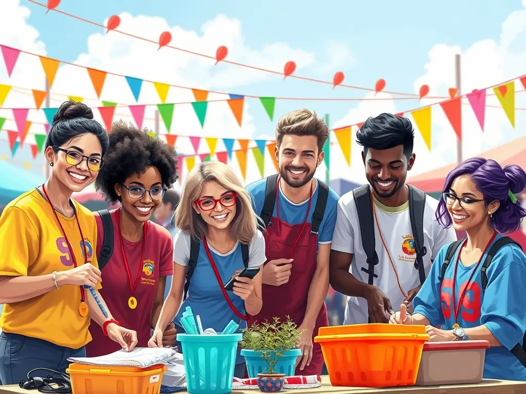 A group of volunteers assisting artisans during a community art event, showcasing the collaborative spirit of LES SENS DE L'ART.