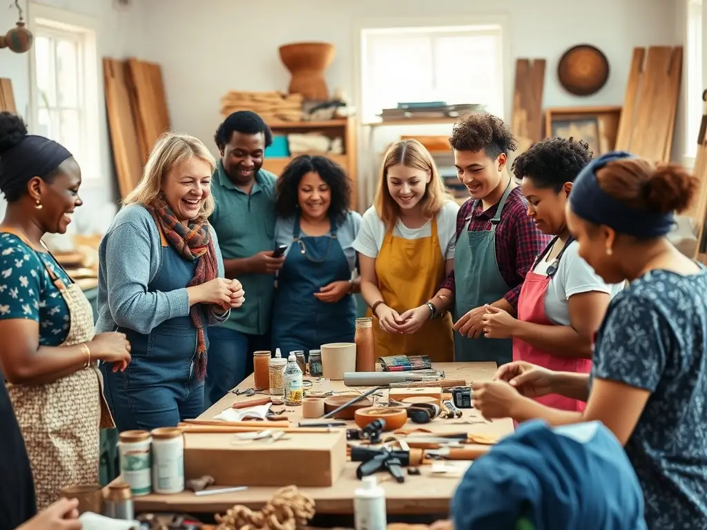 Participants actively engaged in an artisan workshop, learning traditional craft techniques and creating their own art pieces.