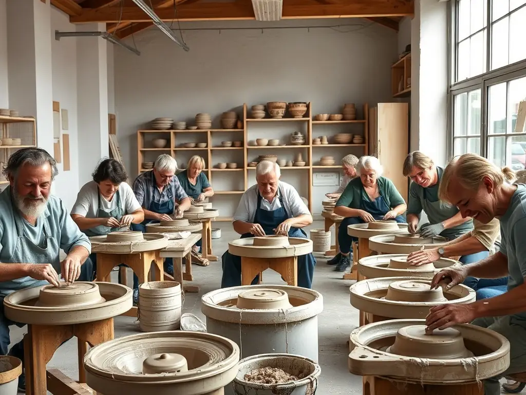 A photograph capturing a pottery workshop in progress, with participants of various ages focused on shaping clay under the guidance of a skilled artisan. The setting is a bright, airy studio filled with natural light and shelves displaying finished pottery pieces.