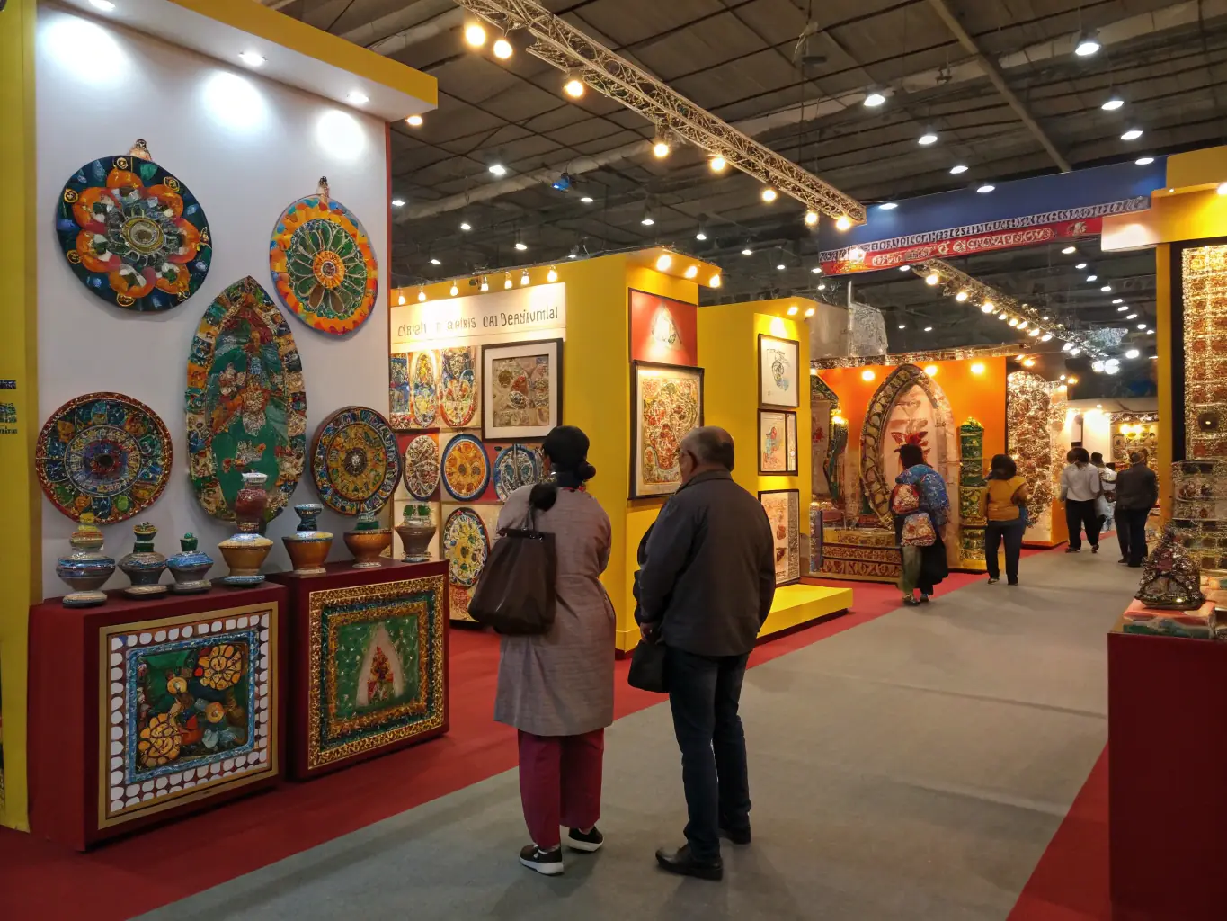 A photograph capturing the opening night of an exhibition, featuring handcrafted pottery and textiles, with attendees admiring the artistry and craftsmanship on display.