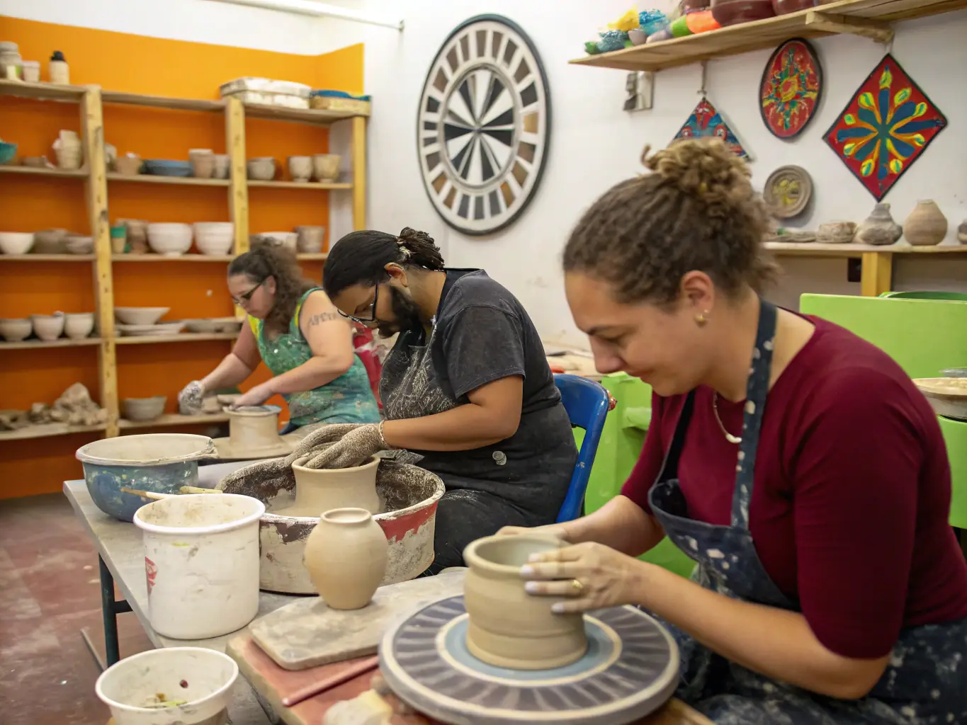 A vibrant image of participants engaged in a pottery workshop, hands covered in clay, focused on shaping their creations, showcasing the hands-on learning experience.