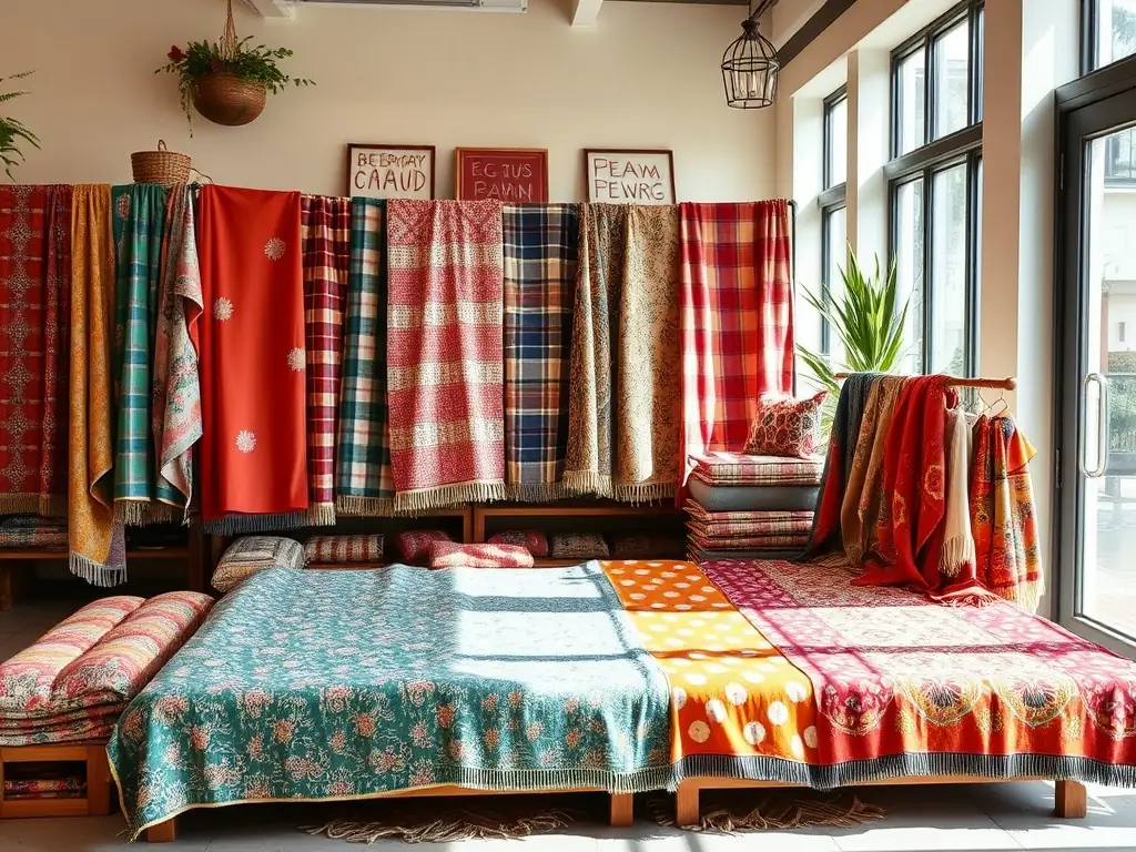 A photograph of a vibrant textile art exhibition, showcasing a variety of colorful and intricately designed fabrics and tapestries. Visitors are seen admiring the artwork, with the exhibition space well-lit and inviting.
