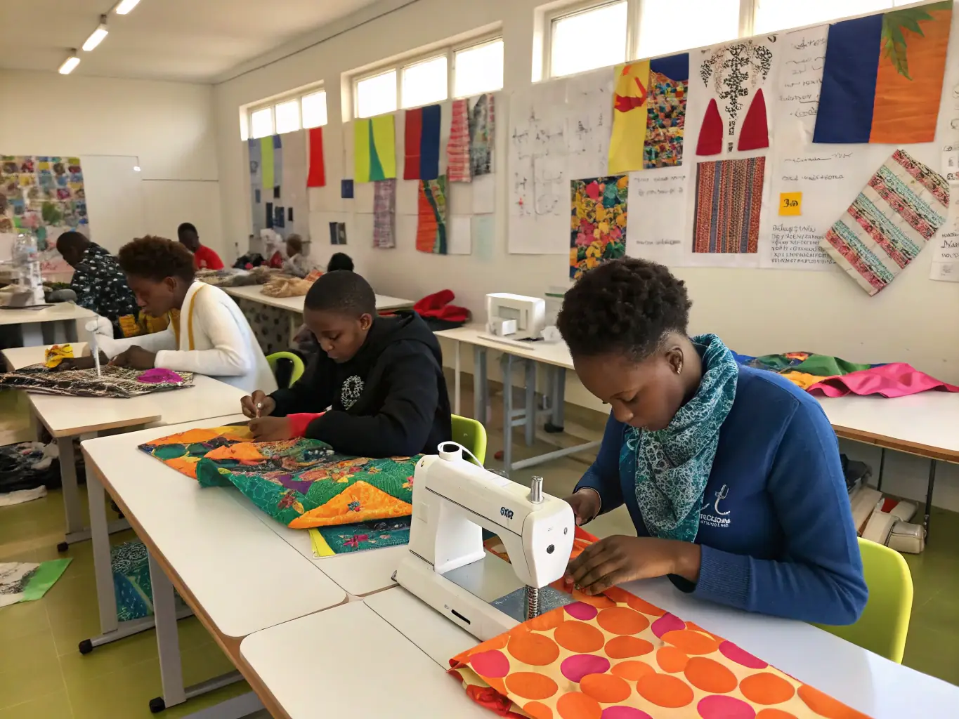 A group of students participating in an educational program, learning about the history and techniques of textile art, with a focus on cultural heritage and artistic expression.
