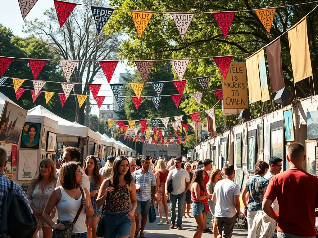 A photograph capturing a lively cultural heritage festival, with artisans demonstrating their crafts, children participating in art activities, and community members enjoying the festivities. The scene is colorful and vibrant, showcasing the spirit of cultural celebration.